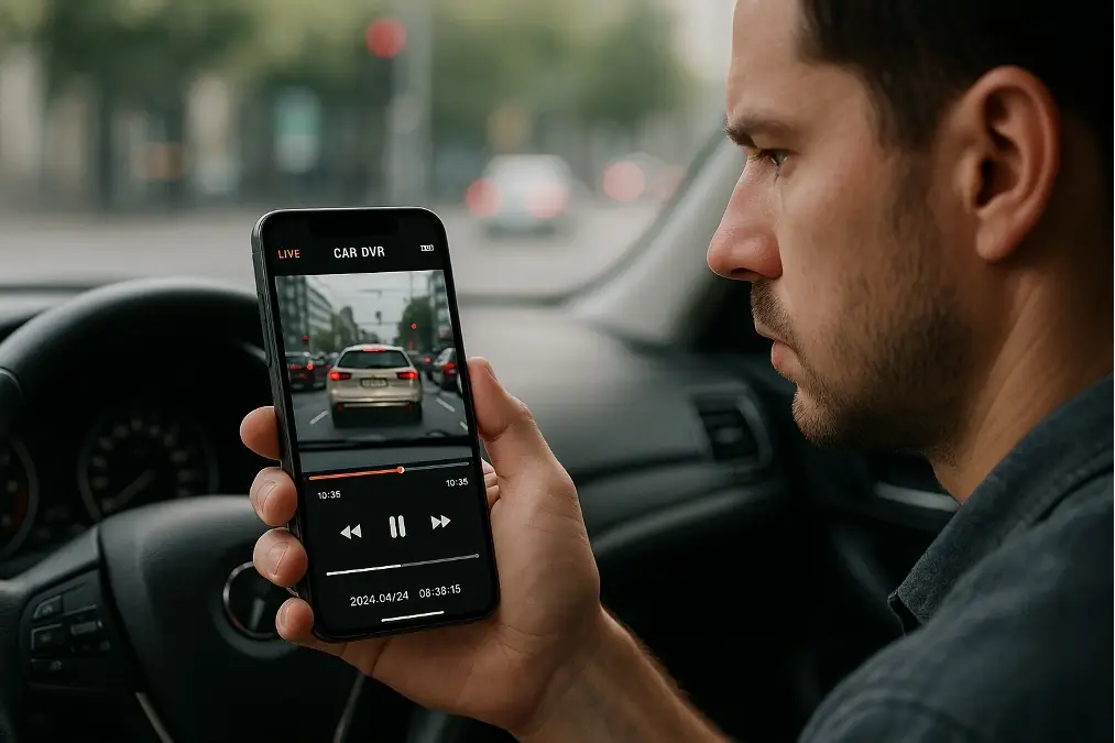 A driver viewing car dvr footage on a smartphone