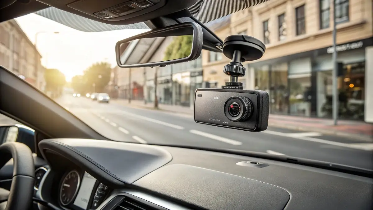 A sleek dash cam discreetly mounted on the windshield of a modern car