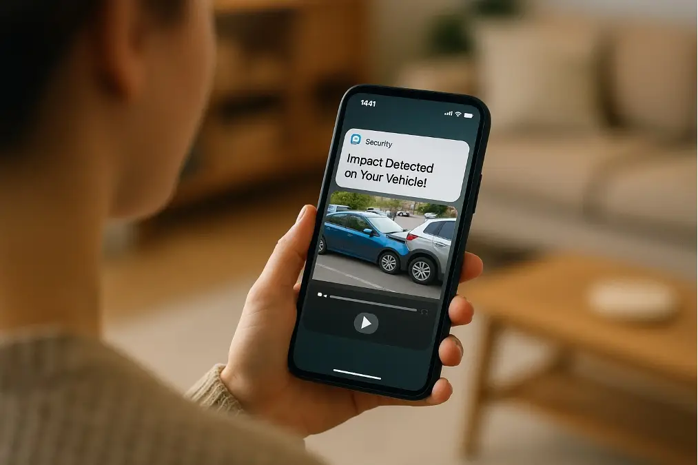 A smartphone displaying a push notification and video from a cloud-connected dash cam