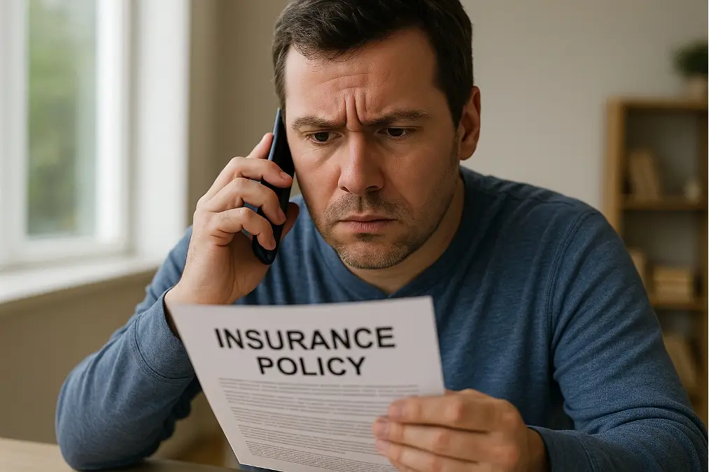 A person on the phone with an insurance agent, looking frustrated