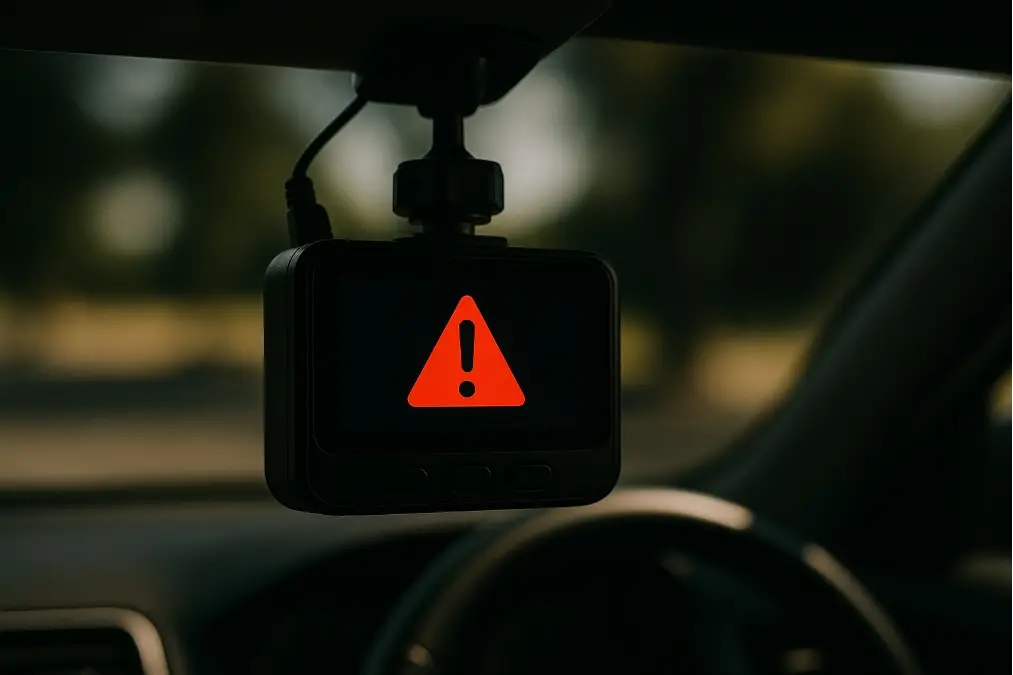 A non-working dash cam on a car dashboard with a warning icon