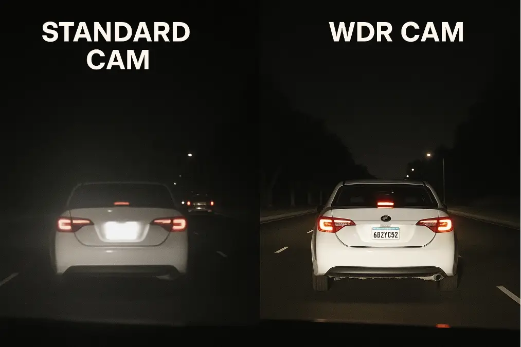 A side-by-side comparison of night vision from a basic and a premium dash cam