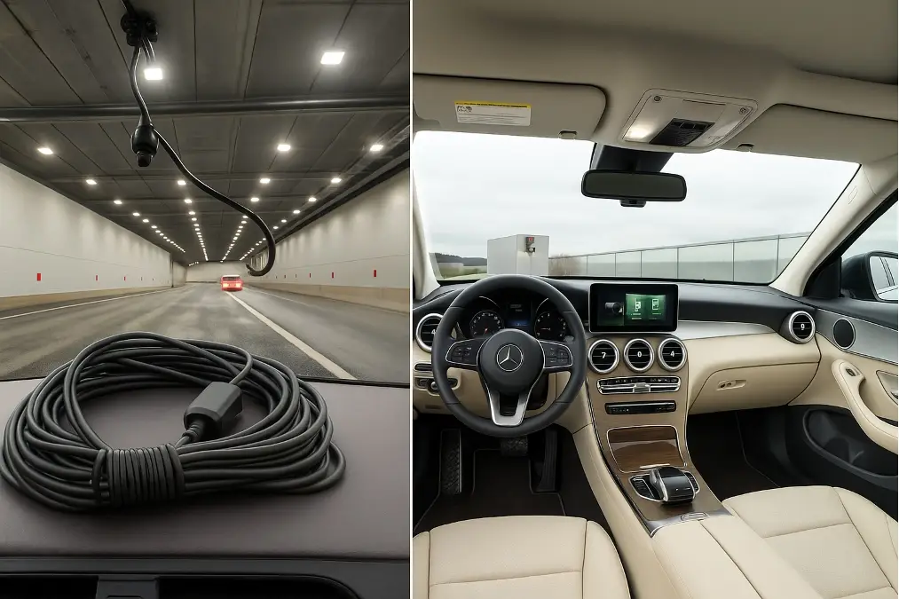 A split image showing a messy cigarette lighter cable on one side and a clean hardwired dash cam on the other