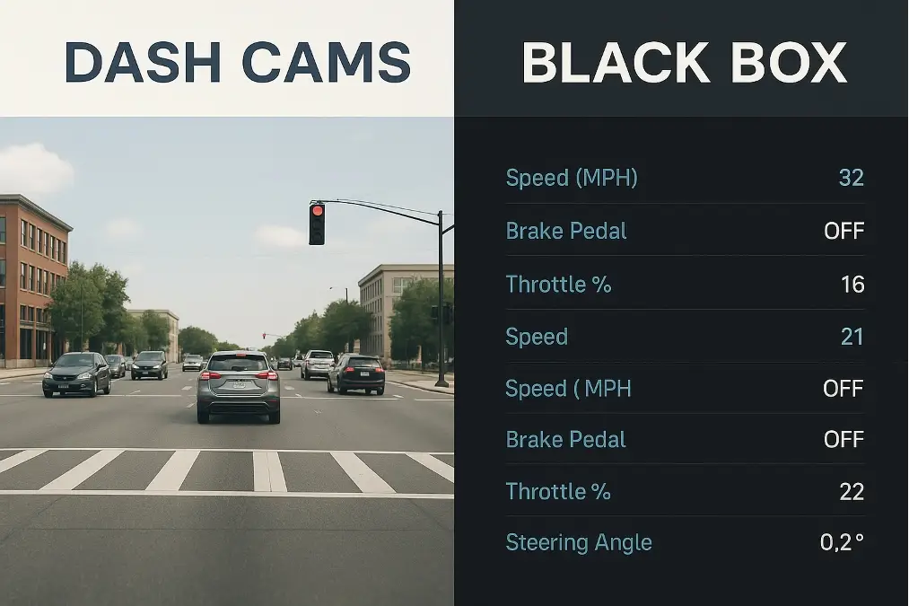 Side-by-side comparison of dash cam video and black box data log