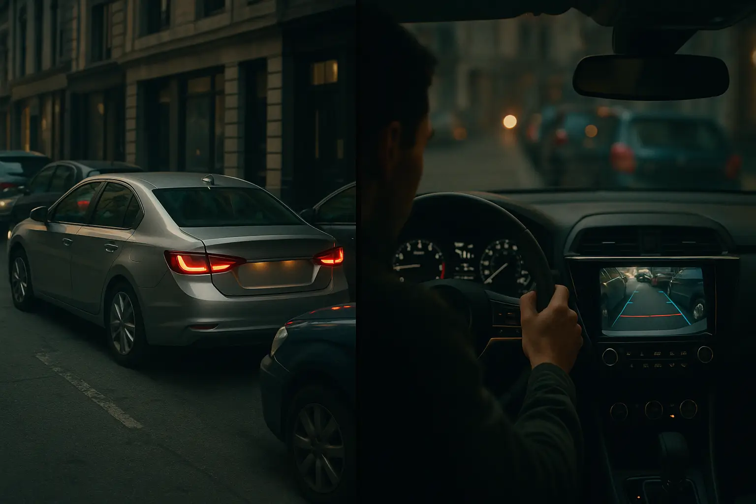 A split screen showing a tight parallel parking situation and a person looking at a car's dashboard