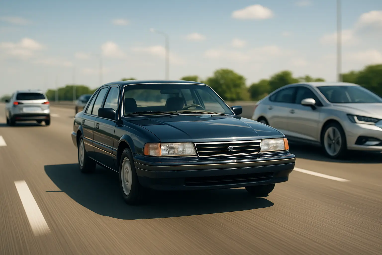 A classic older car driving on a modern highway next to new cars with ADAS features