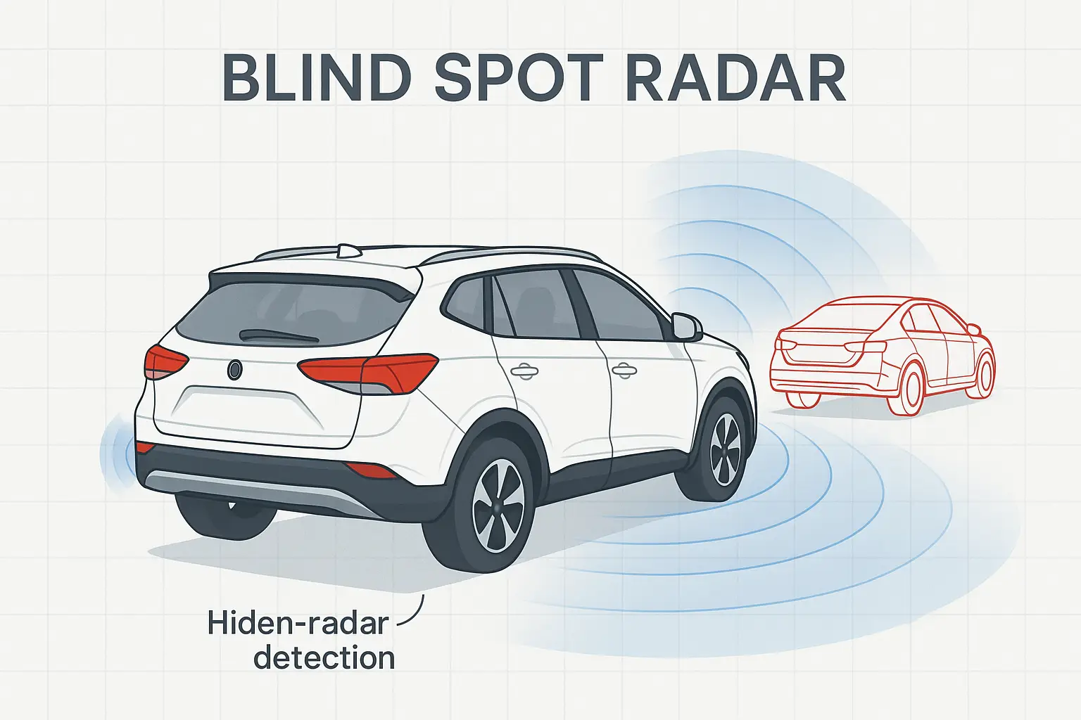 alt text="Diagram showing radar waves emitting from a car's rear bumper