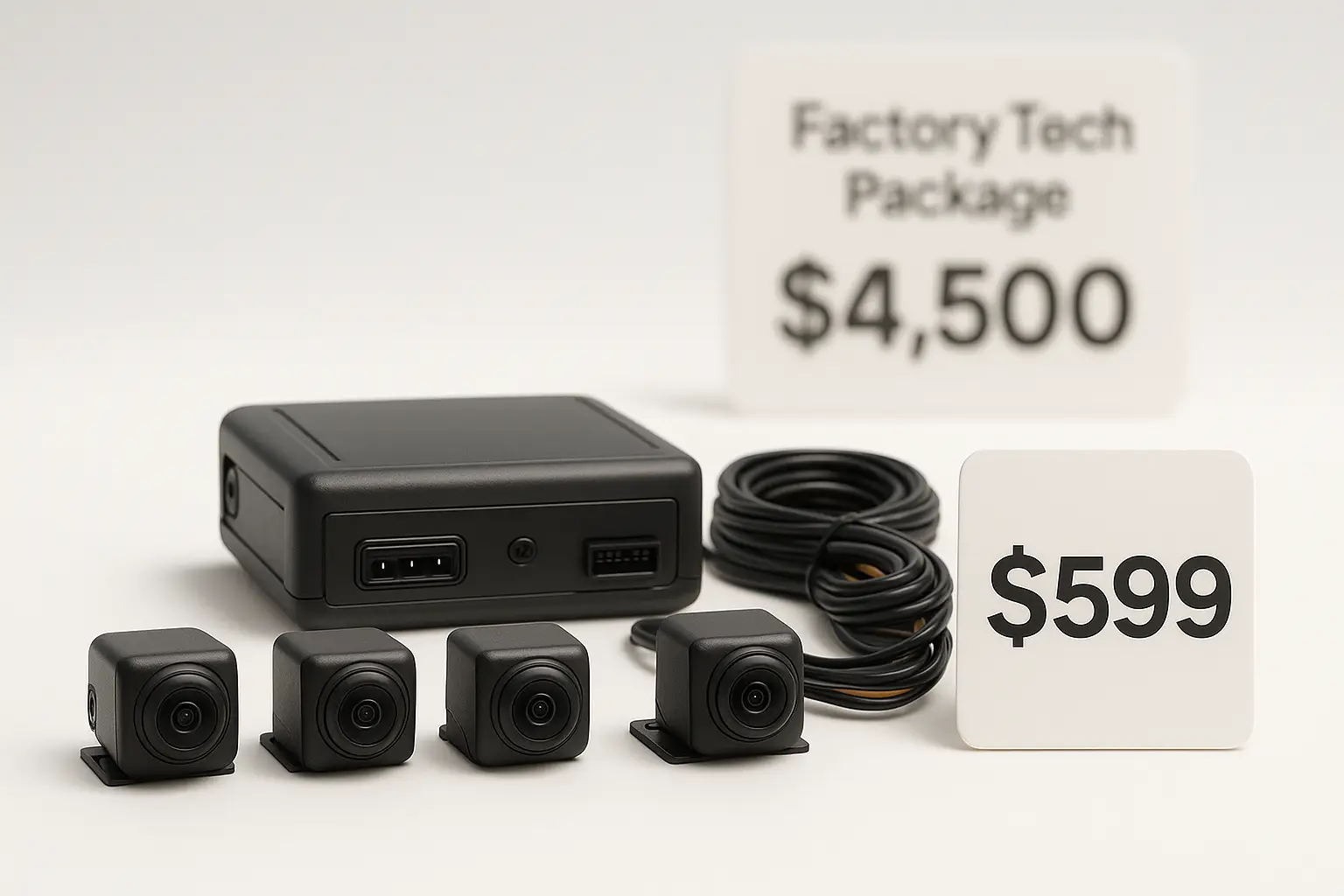 alt text: A price tag next to a high-quality aftermarket 360 camera kit, highlighting its value.