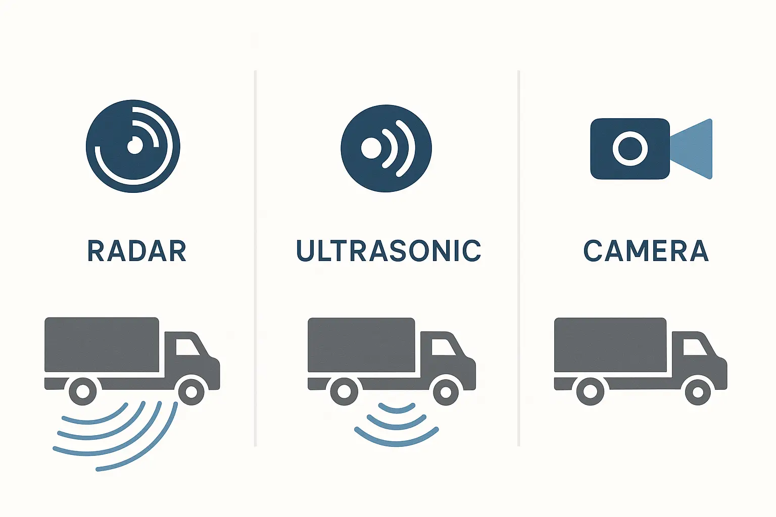 A graphic comparing radar waves, ultrasonic sound waves, and a camera lens