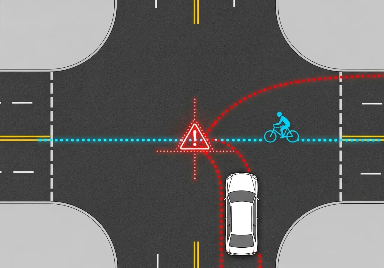 A top-down diagram illustrating a car's turning path intersecting with a cyclist's trajectory, triggering a BSD alert