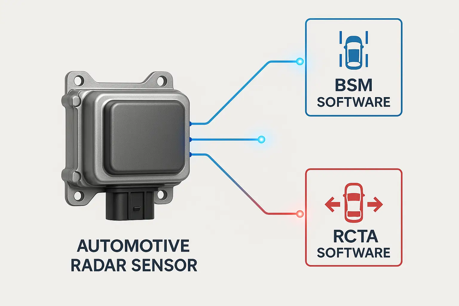 Infographic showing a radar sensor with arrows pointing to two different software modules: BSM and RCTA