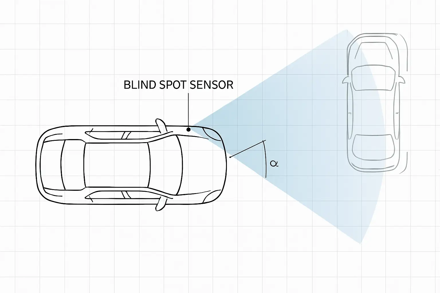 A diagram showing the correct angle and detection zone of a blind spot sensor