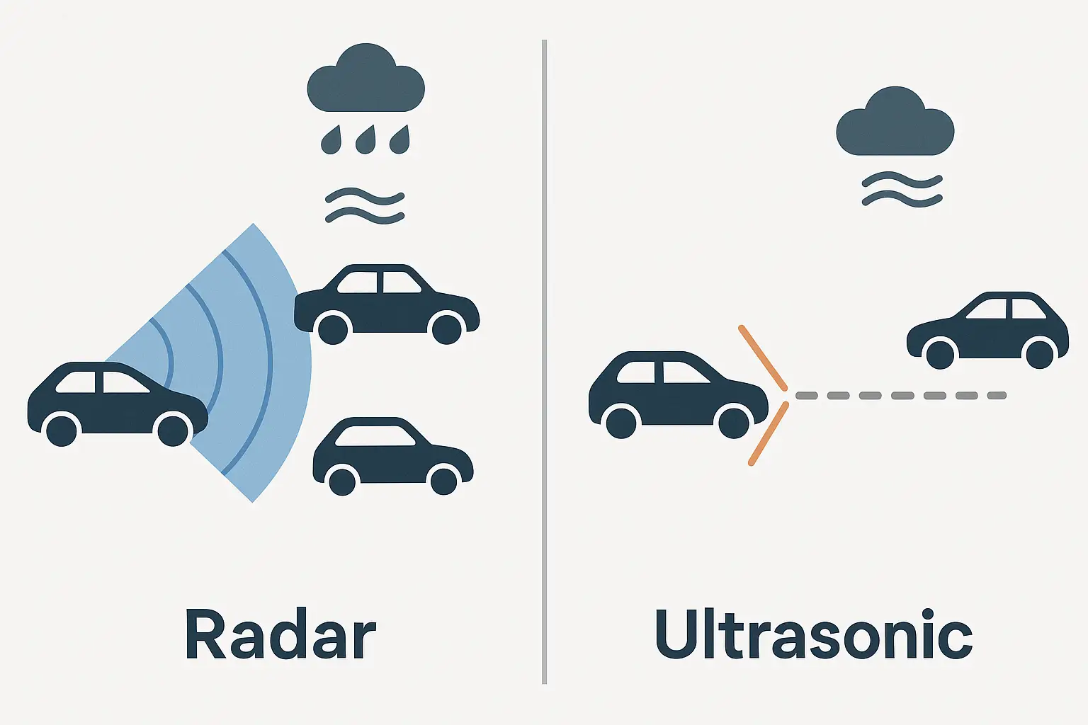 A diagram illustrating the difference between wide-coverage radar waves and narrow-beam ultrasonic waves
