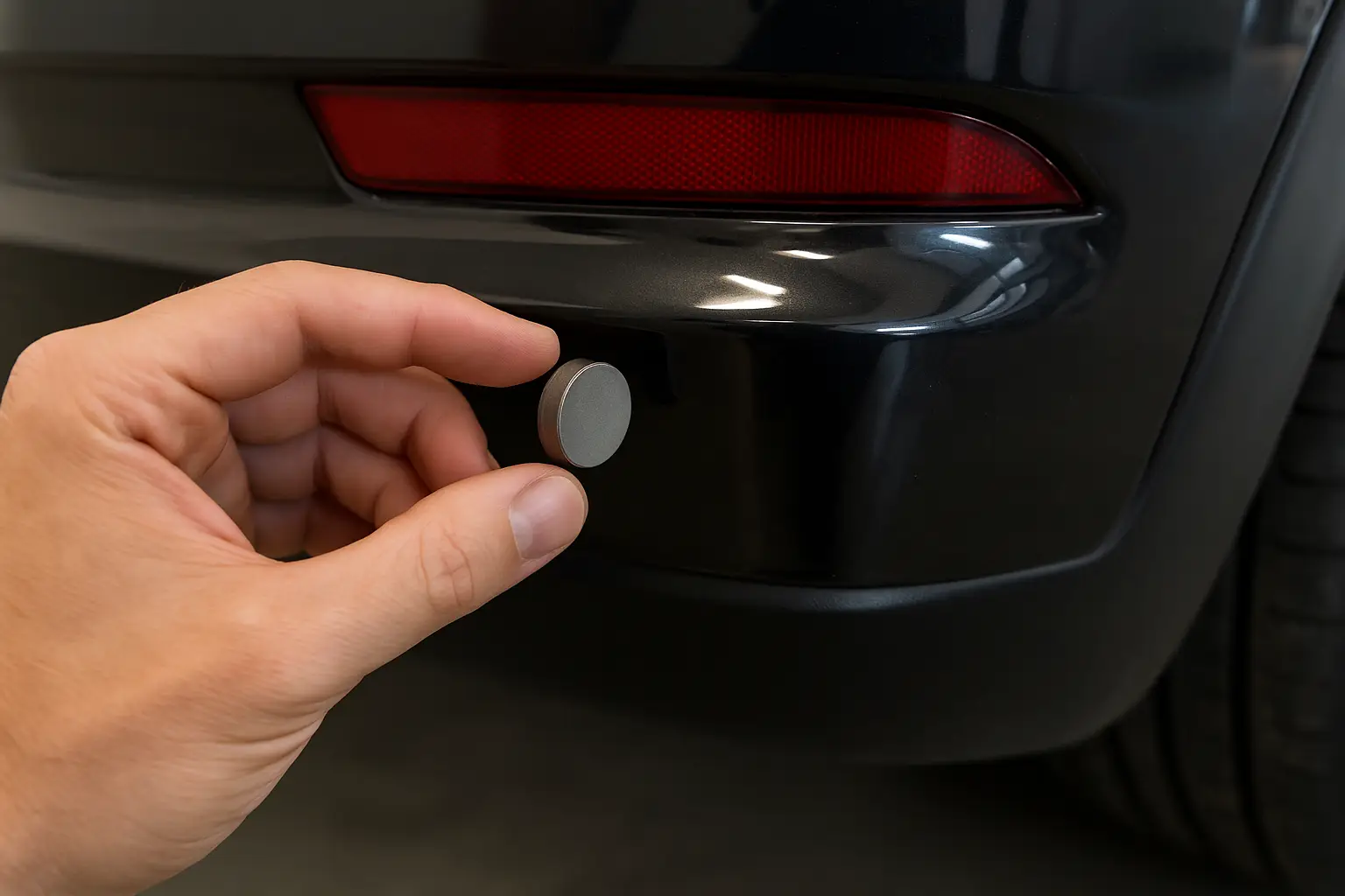 A person tapping on a car's plastic bumper to check its material