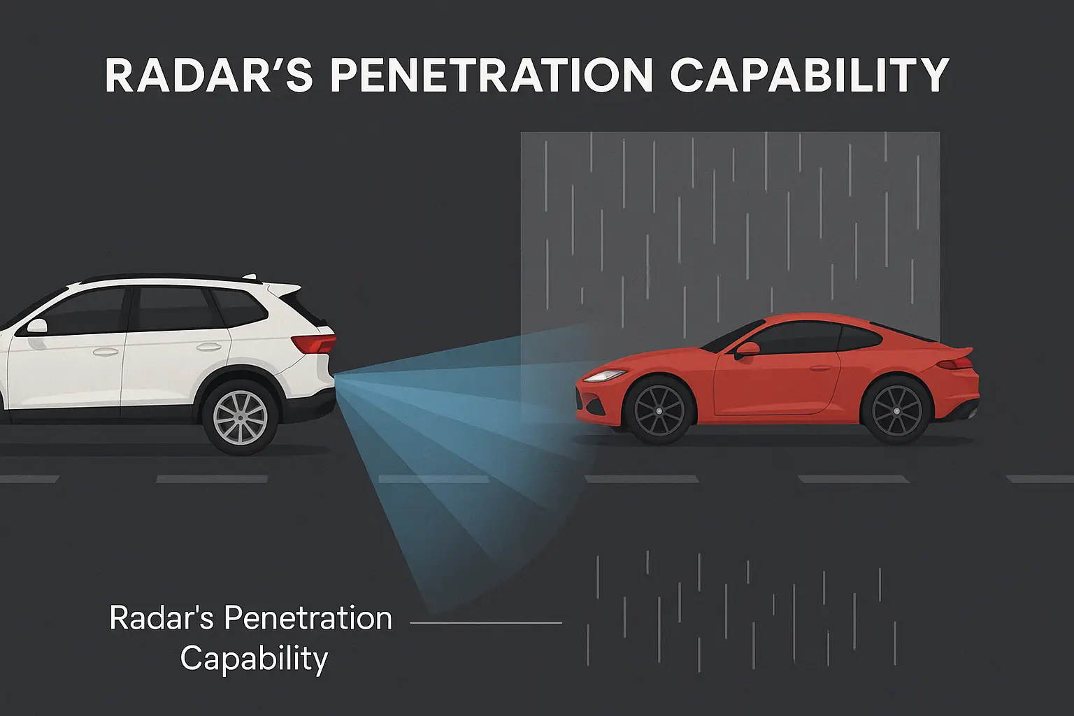 Diagram illustrating a car's radar waves penetrating rain to detect another car