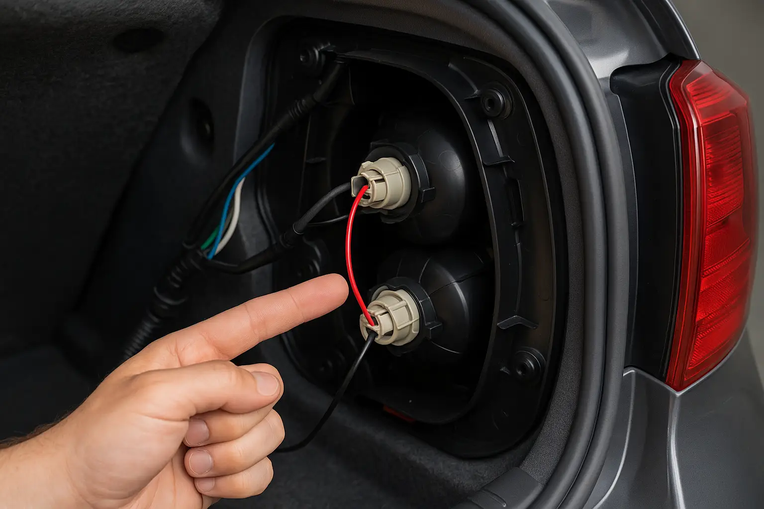A hand pointing to the reverse light wire on a car's tail light assembly