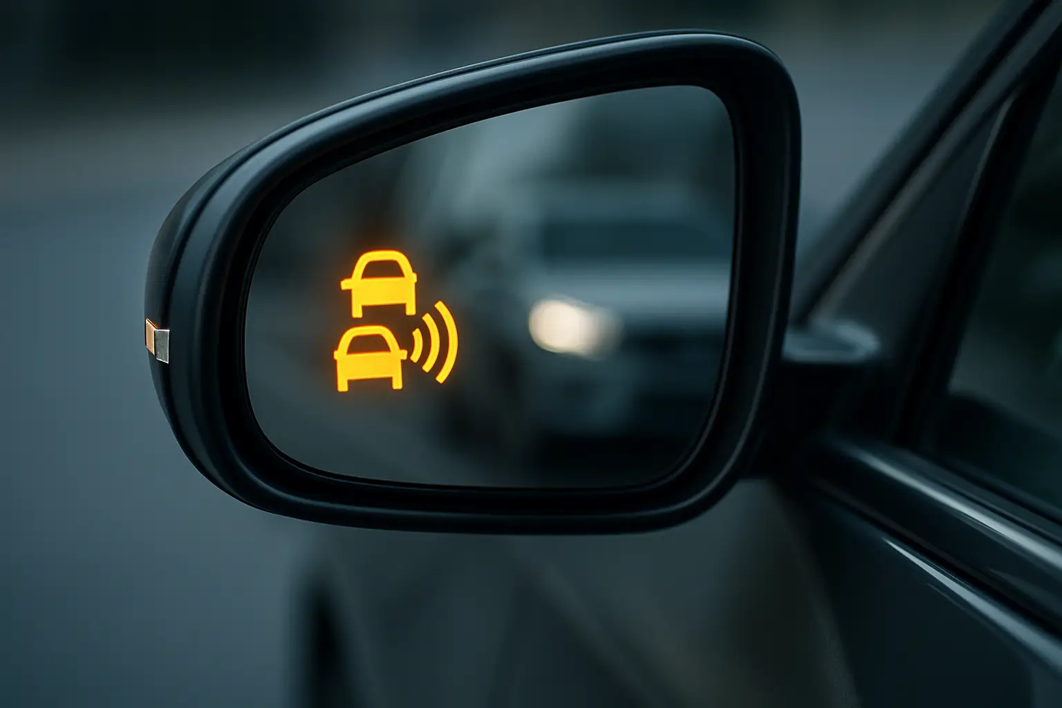 A close-up of a car's side mirror showing the integrated factory blind spot warning symbol