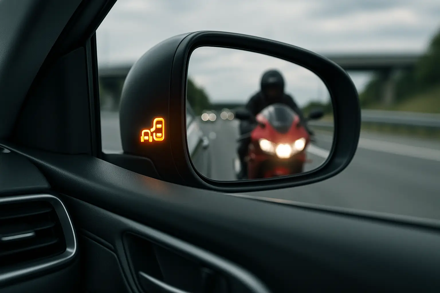 A car's side mirror with the blind spot sensor warning light illuminated