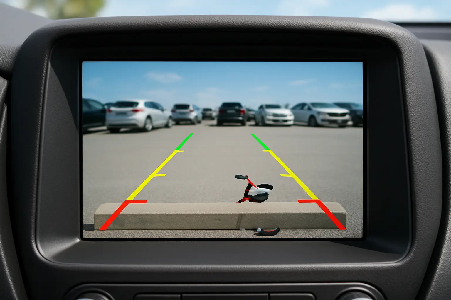 A backup camera view that is aimed too high, missing the curb below