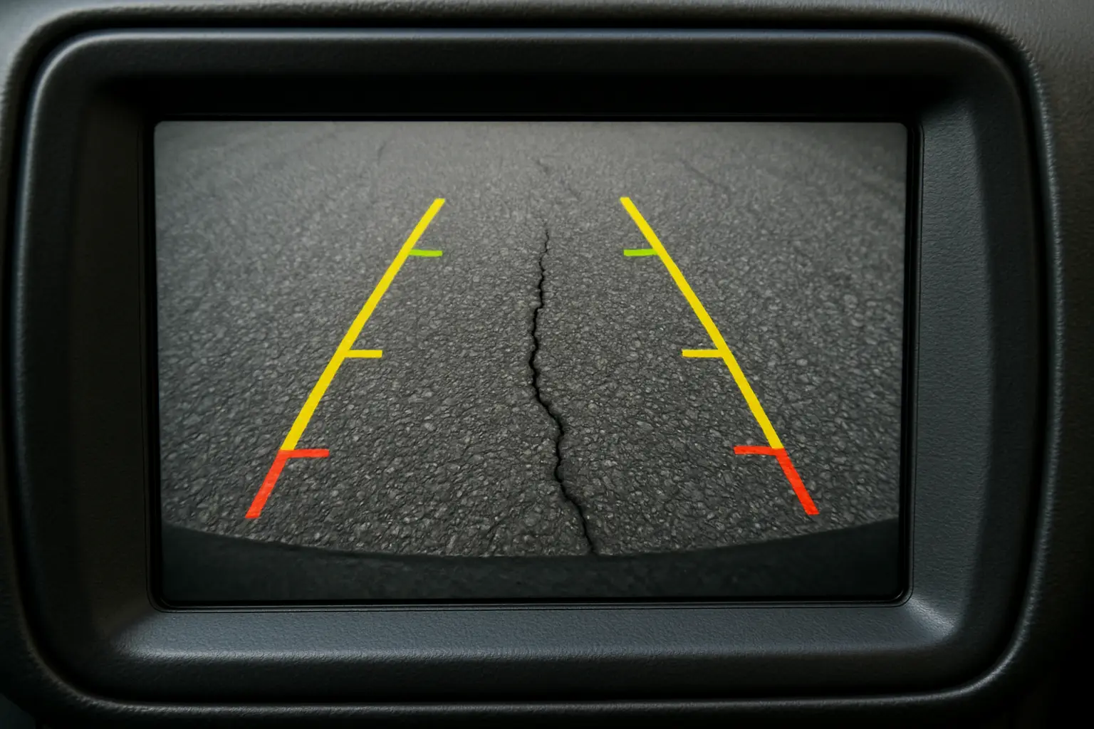A backup camera view that is aimed too low, only showing the ground