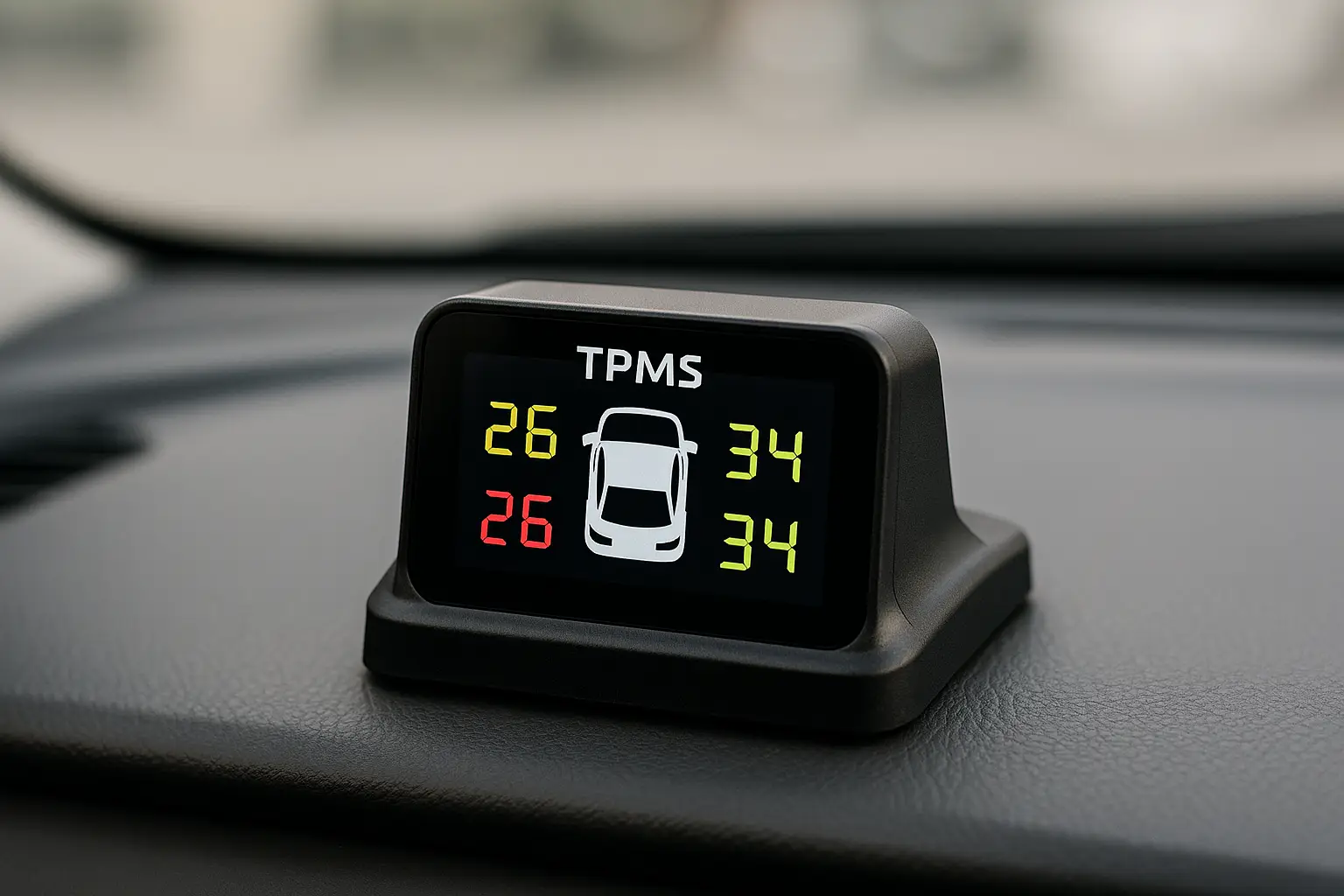 A dashboard-mounted TPMS monitor showing the pressure of all four tires