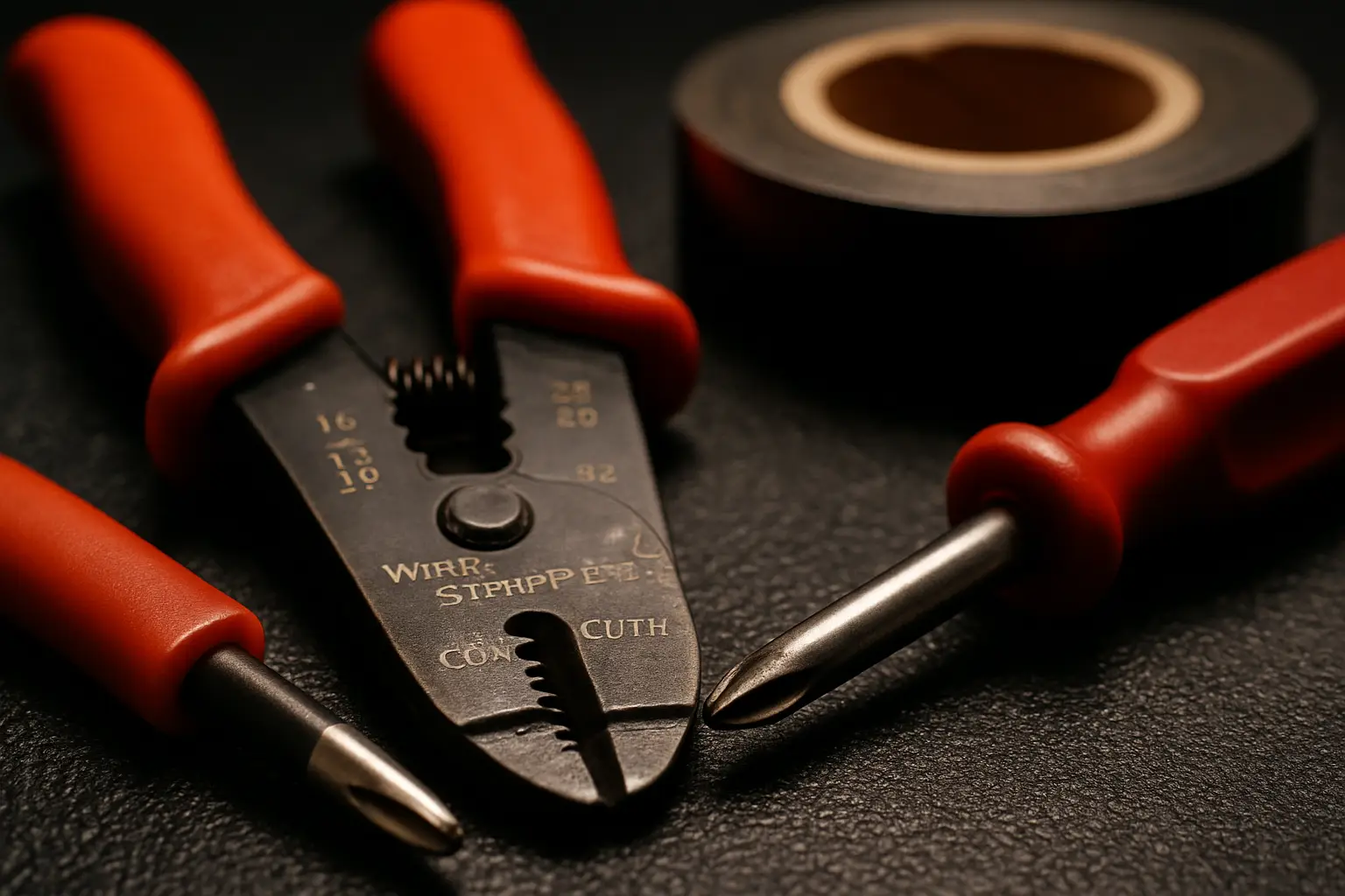 Close-up of essential tools like wire strippers and screwdrivers