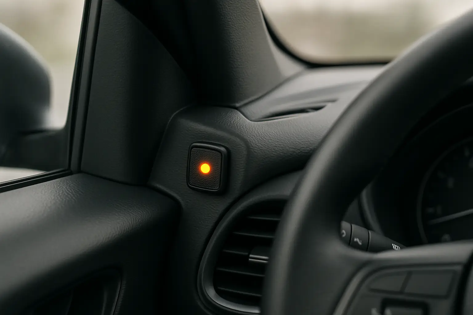An LED indicator light for a blind spot system mounted on a car's A-pillar