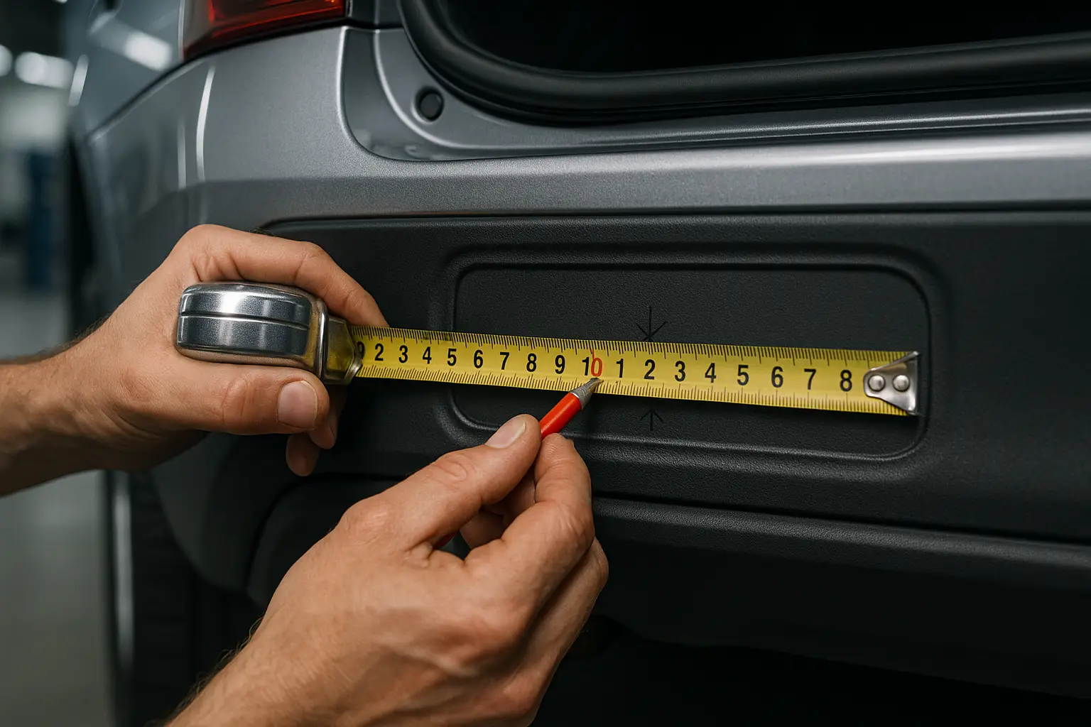 A technician using a measuring tape for precise blind spot sensor placement