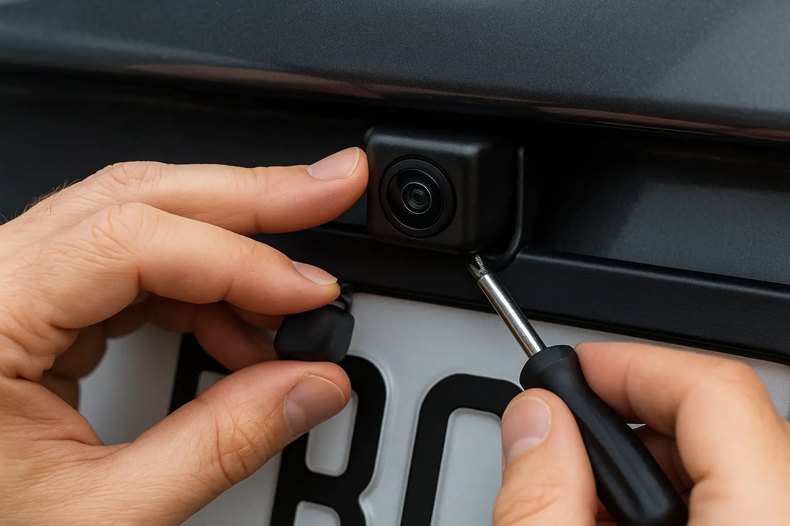 alt with keywords="Close-up of adjusting a license plate backup camera"