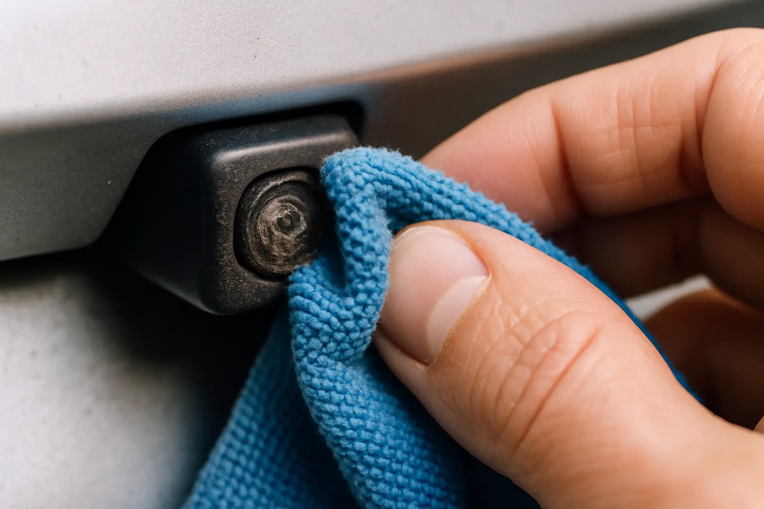 a hand gently wiping a backup camera lens with a microfiber cloth