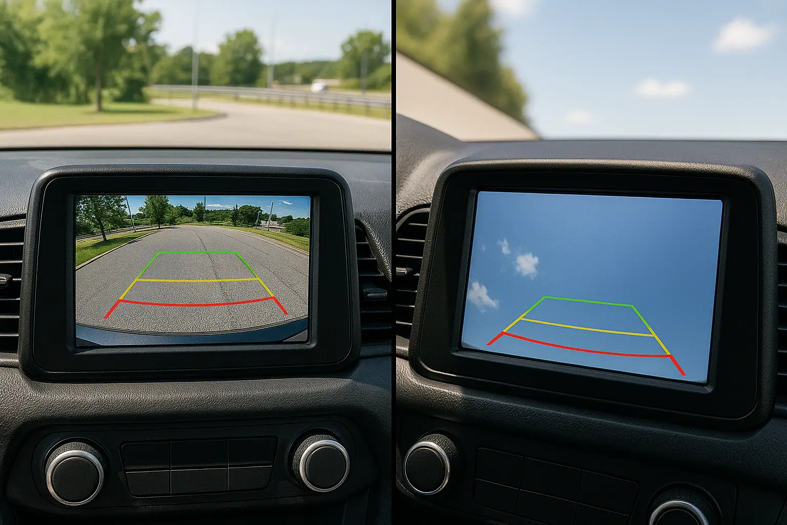 Car parked on a steep hill, showing how the backup camera angle is affected