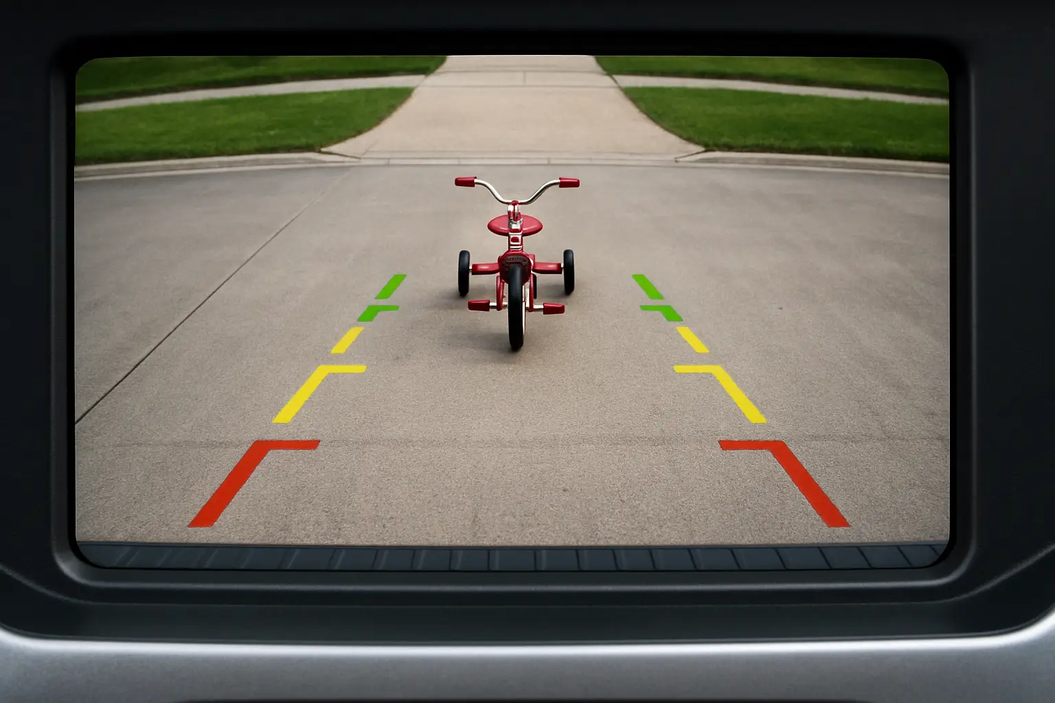 alt with keywords="View of a correctly angled backup camera showing bumper and background"