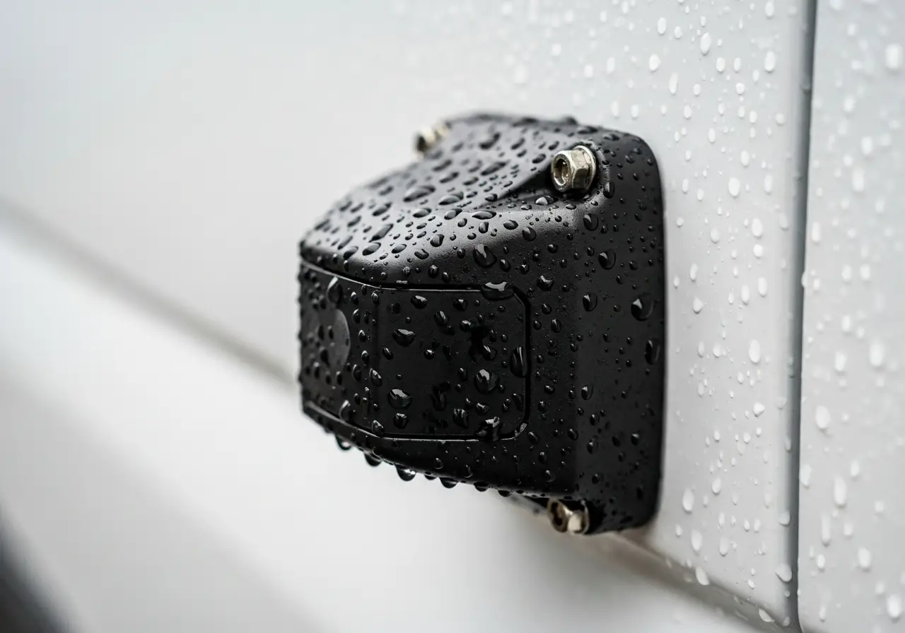 A close-up of a rugged, IP69K-rated blind spot sensor mounted on the side of a commercial van