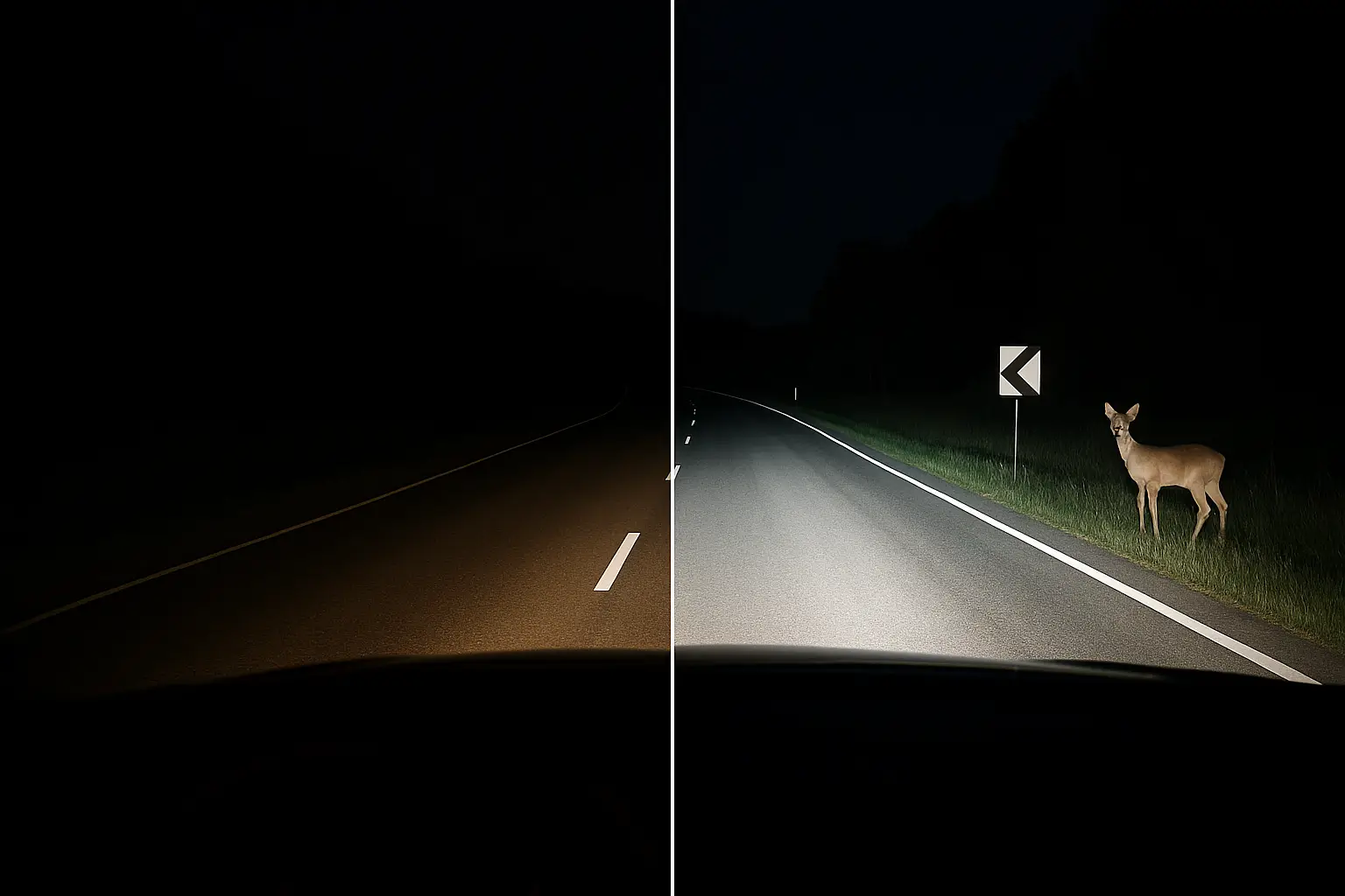 A dramatic split-image of a road at night, one half lit by dim halogen bulbs, the other by bright white LED headlights