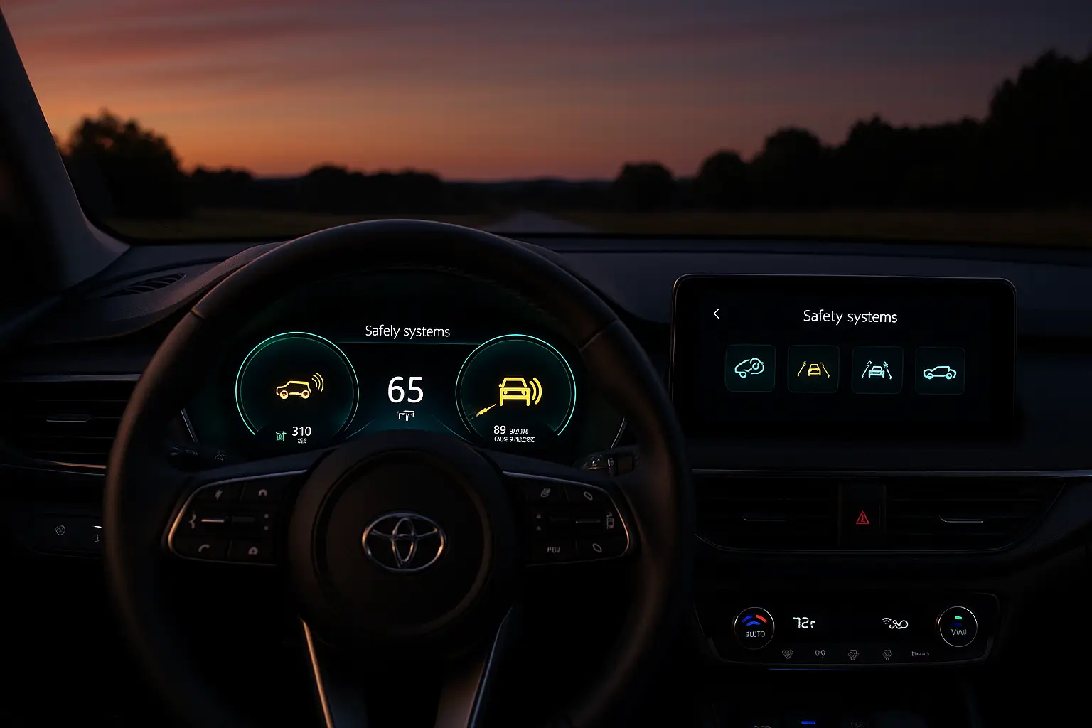 Dashboard view of a car with multiple integrated safety alerts, including blind spot monitoring