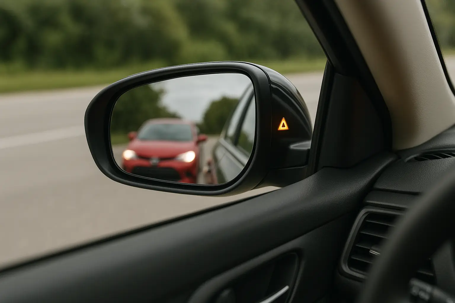 A driver checking their side mirror with a blind spot indicator light on