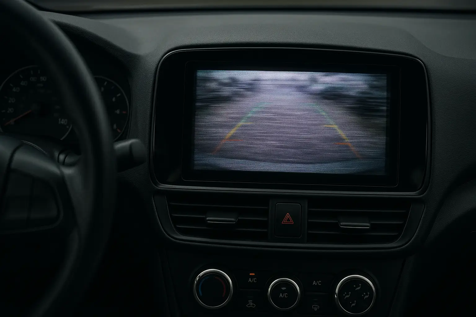 a blurry and distorted image on a car's infotainment screen from a faulty backup camera