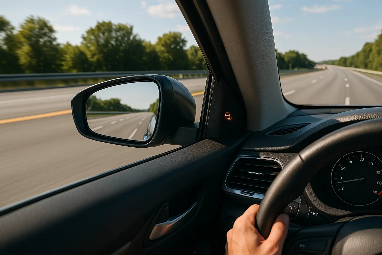A car safely changing lanes on a highway, with the blind spot system active