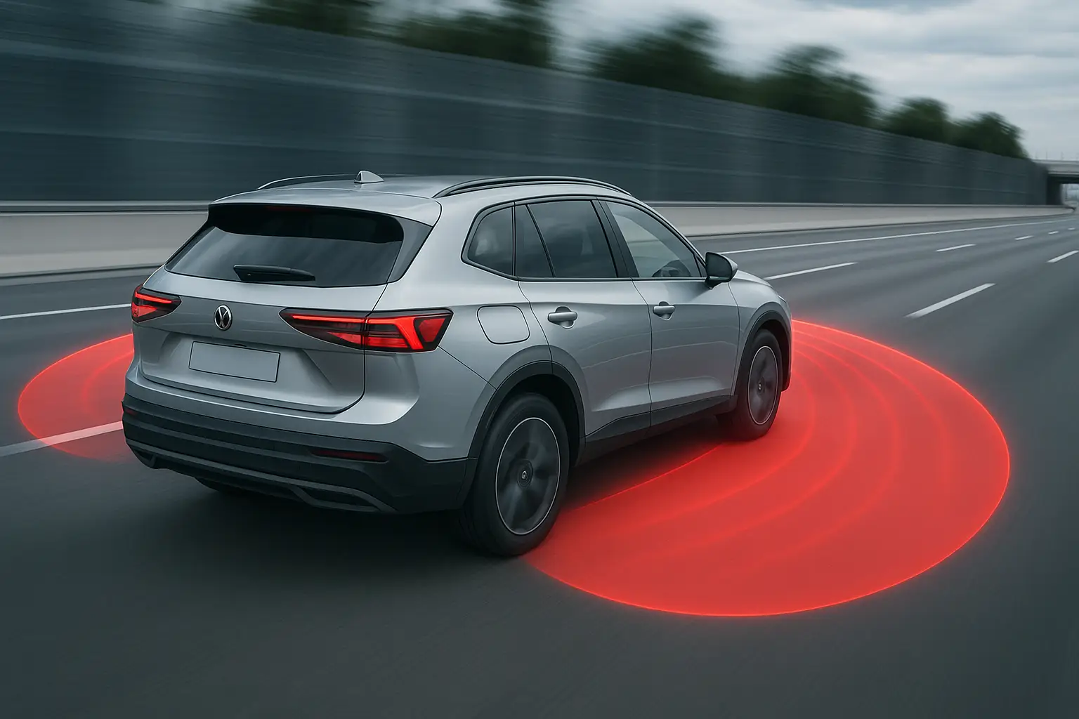 A car with blind spot sensor zones highlighted