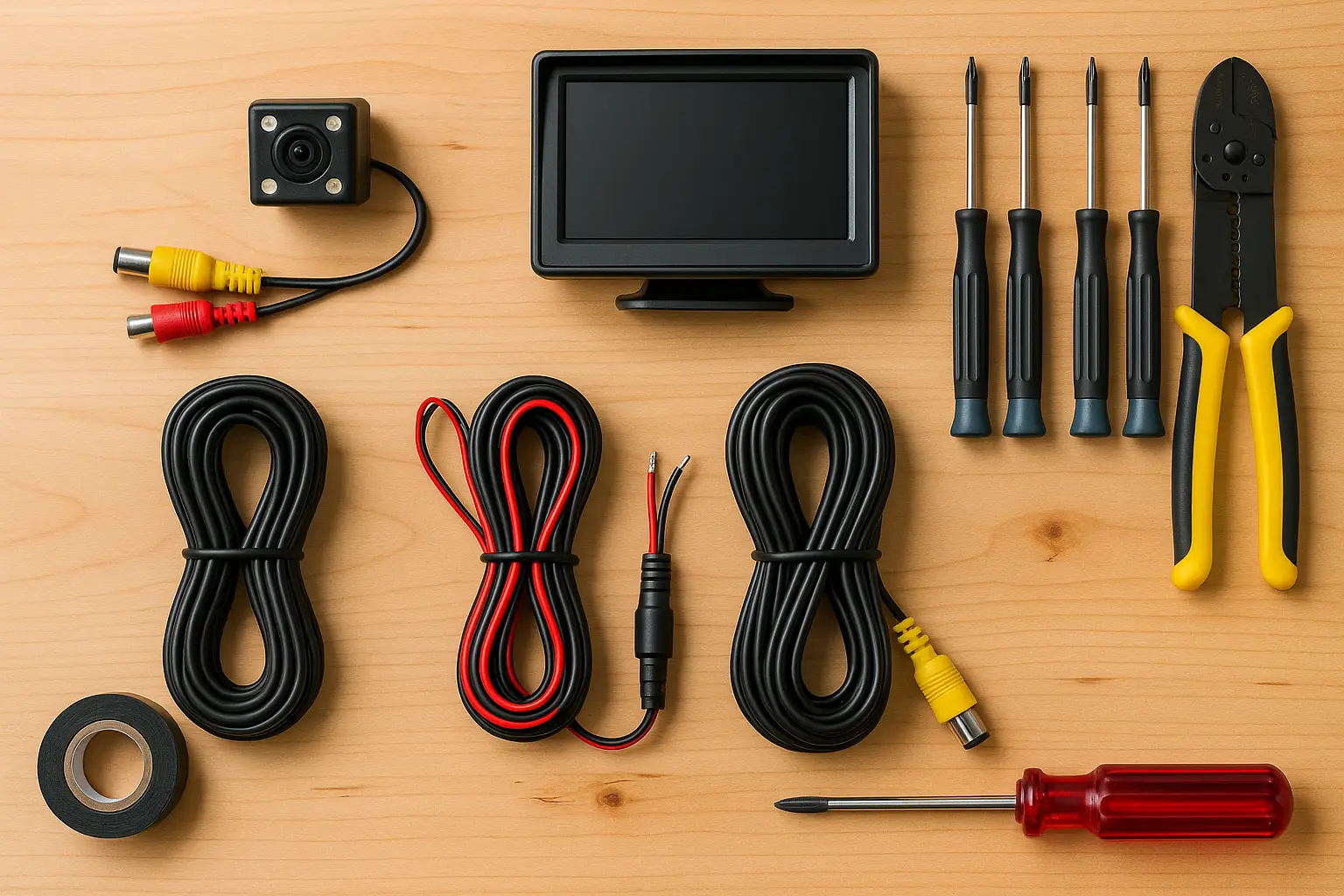 A DIY backup camera kit laid out with tools on a workbench