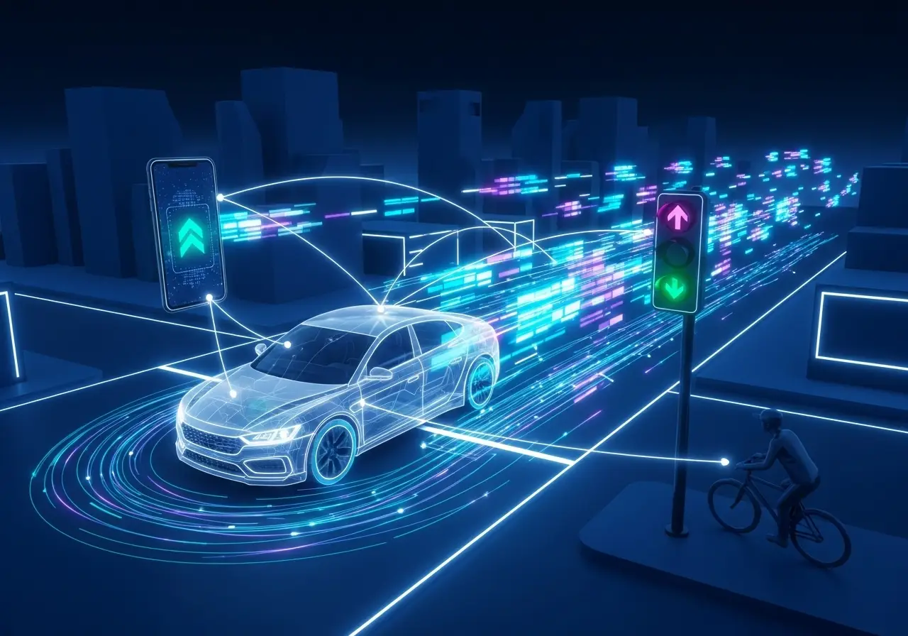 A futuristic graphic showing a car receiving signals from a cyclist's phone and a smart traffic light