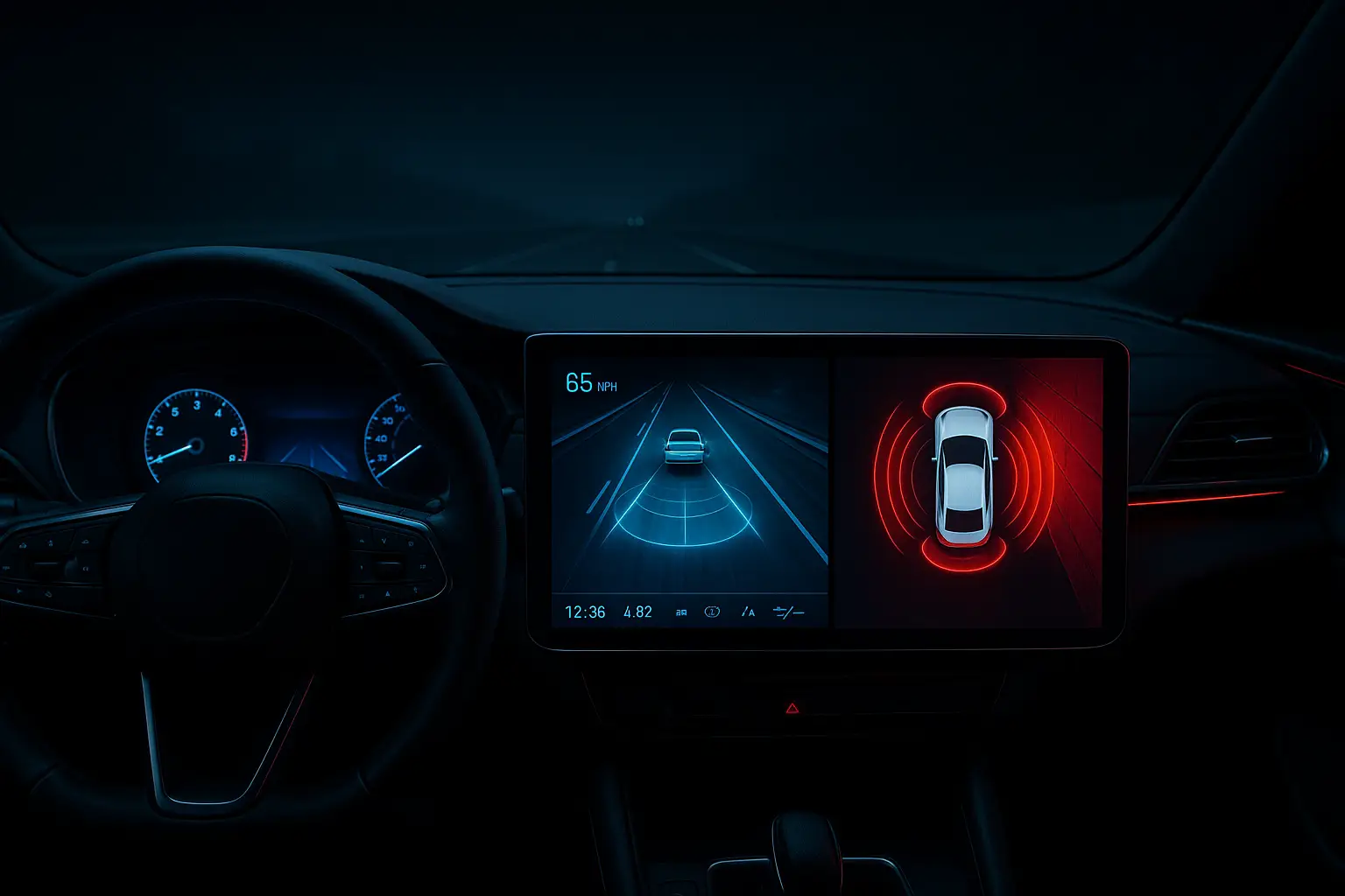 A futuristic dashboard view showing both radar and ultrasonic sensor data