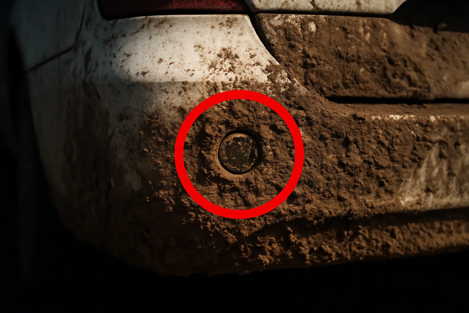 A car with a dirty, mud-caked rear bumper highlighting the obstructed sensor location