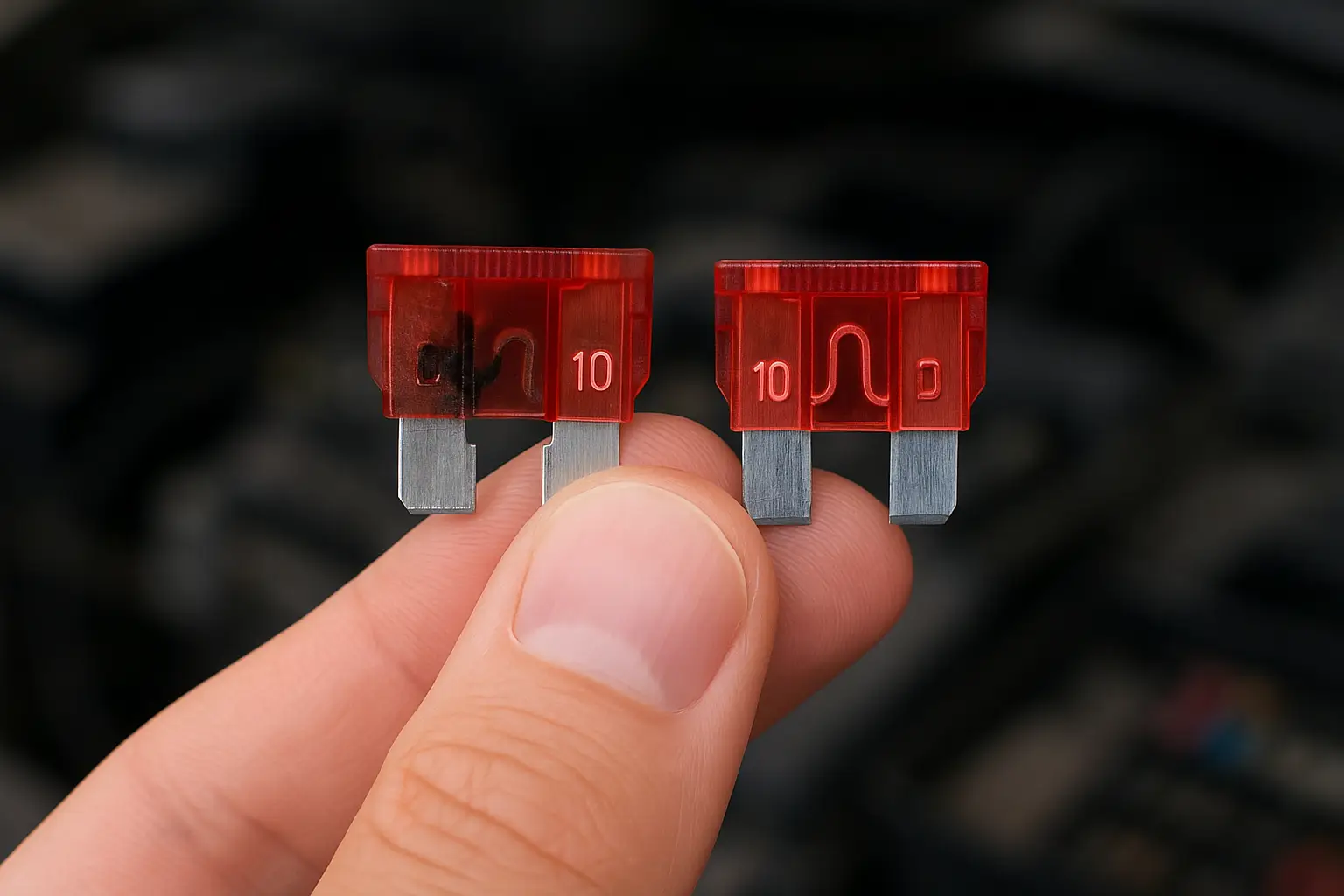 A hand holding a blown automotive fuse next to a new one