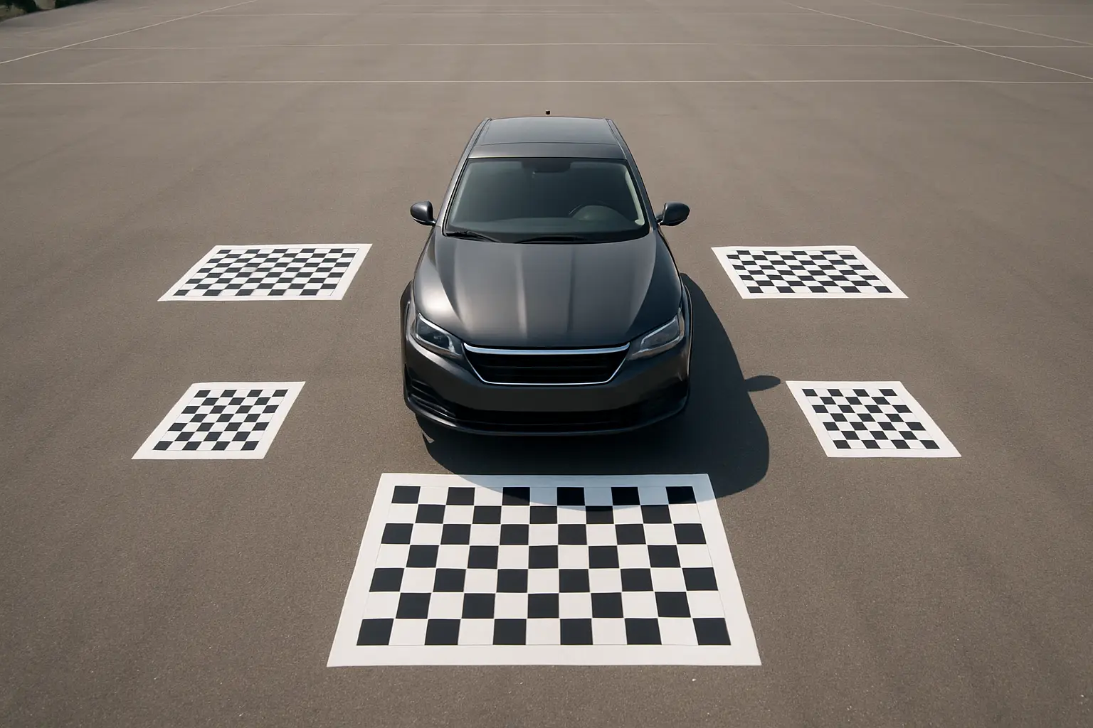 A car perfectly centered on a large black and white checkered calibration mat in an empty lot