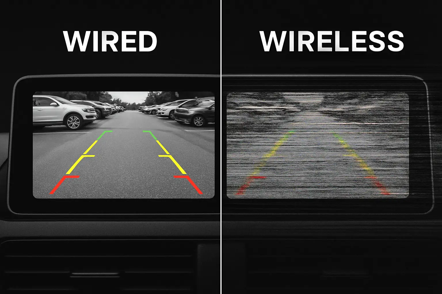 A split screen showing a clear wired camera image vs a glitchy wireless one