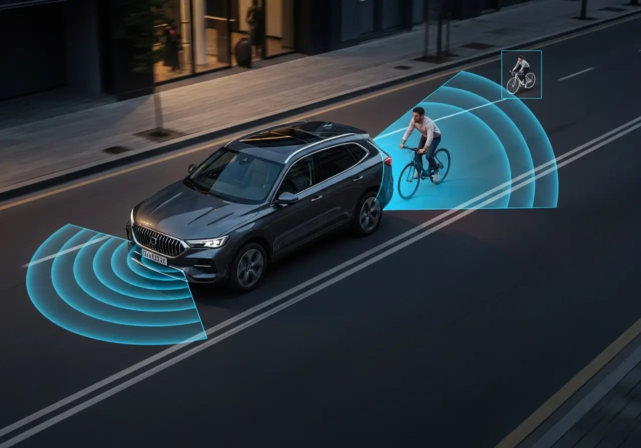 An advanced graphic showing radar waves and a camera's field of view protecting a cyclist beside a car