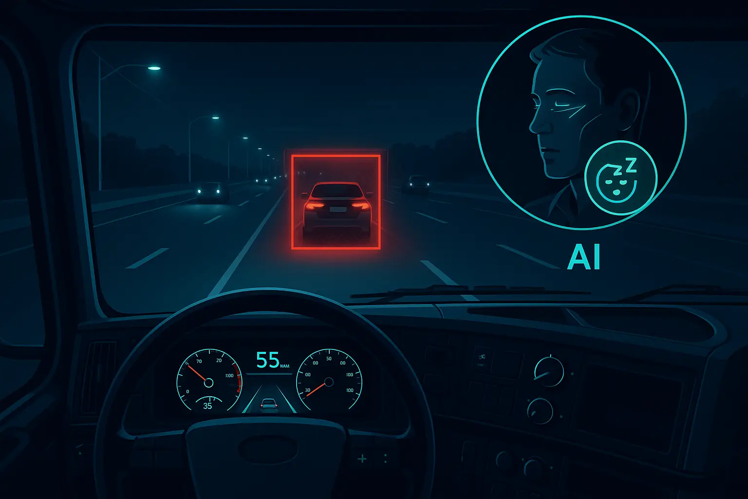 An illustration showing AI identifying driver distraction and road hazards