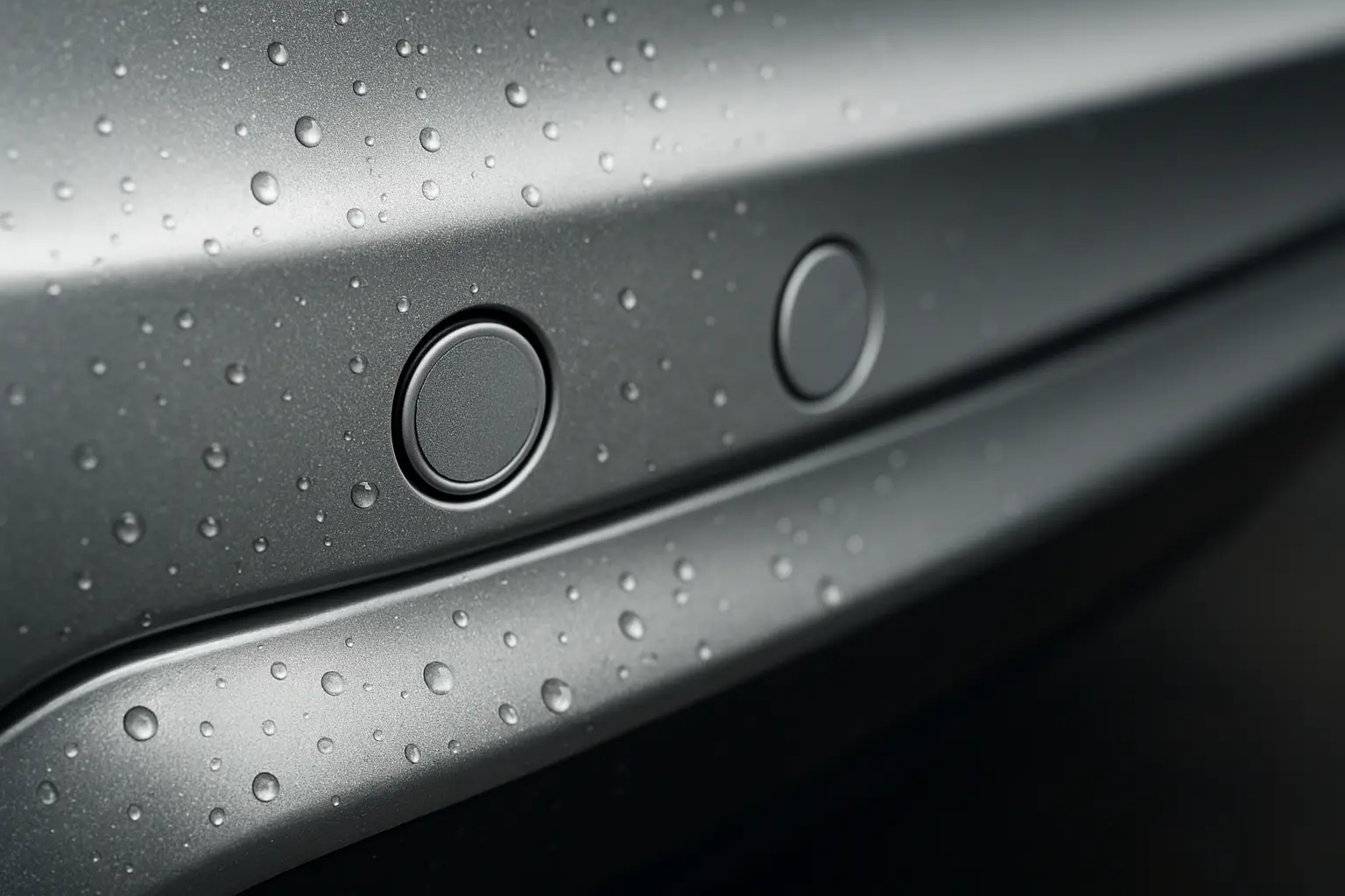 Close-up of ultrasonic parking sensors on a car's bumper