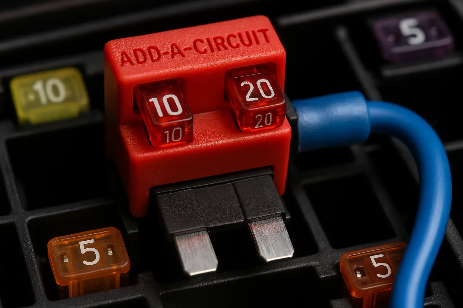 A close-up of an Add-A-Circuit fuse tap properly installed in a car's fuse box